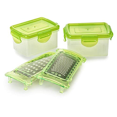 Genius Nicer Dicer smart Gemüseschneider Zubehör-Set, 2 x Auffangbehälter 200 ml mit Frischhaltedeckel, 2 x Reib-Einsätze für fein grob schneiden für Gemüse Gewürze im Sale